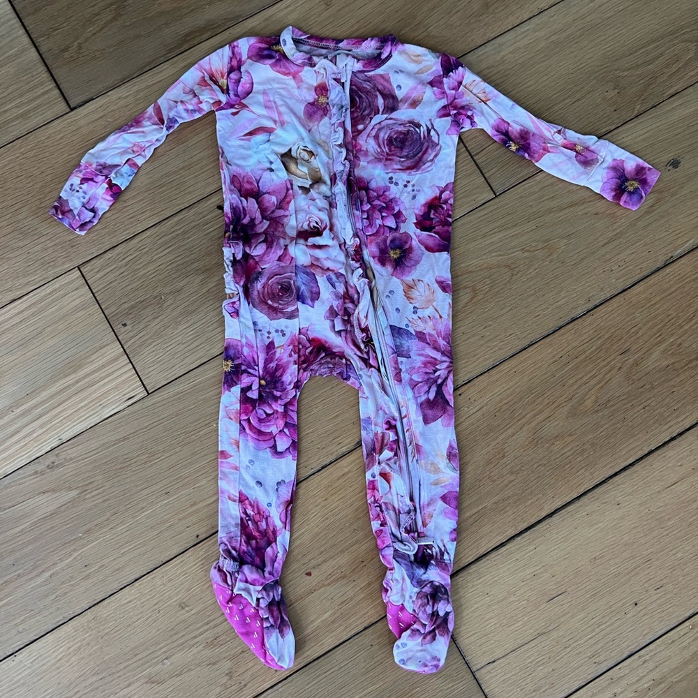 Posh Peanut Footie Ruffled Zipper One Piece - Pink Rose; 3-6 months